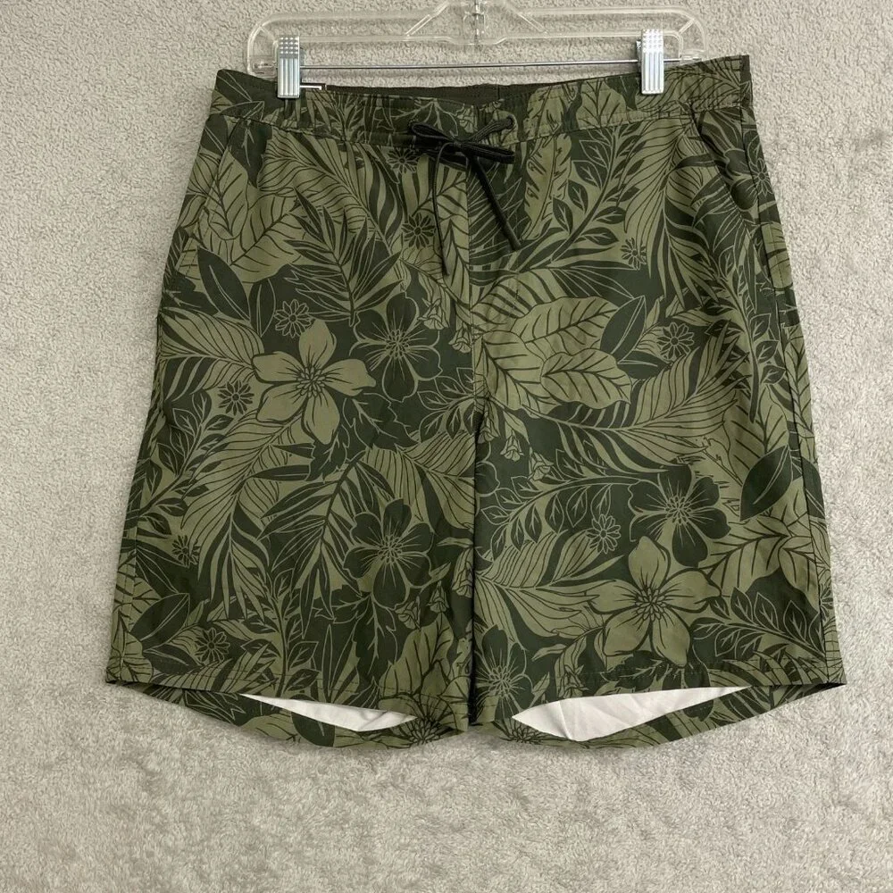 Kirkland Signature Men's M Swim Shorts Olive Green Floral N0994